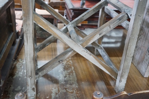 A French provincial pine circular table on folding underframe, diameter 77cm, height 72cm